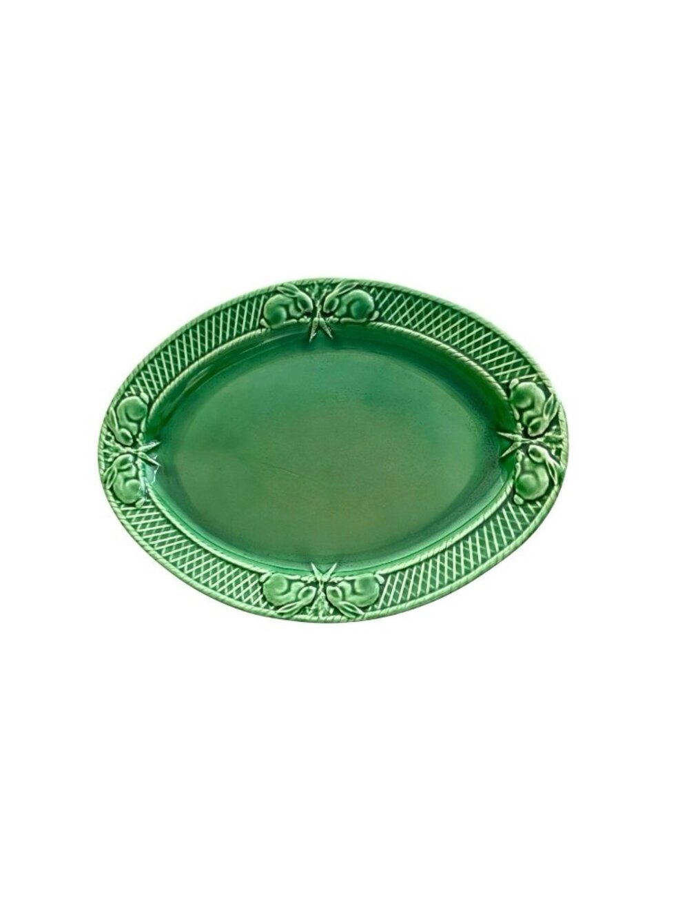 Platter with Rabbit Design Green Glazed Ceramic Bordallo Pinheiro Brand Portugal